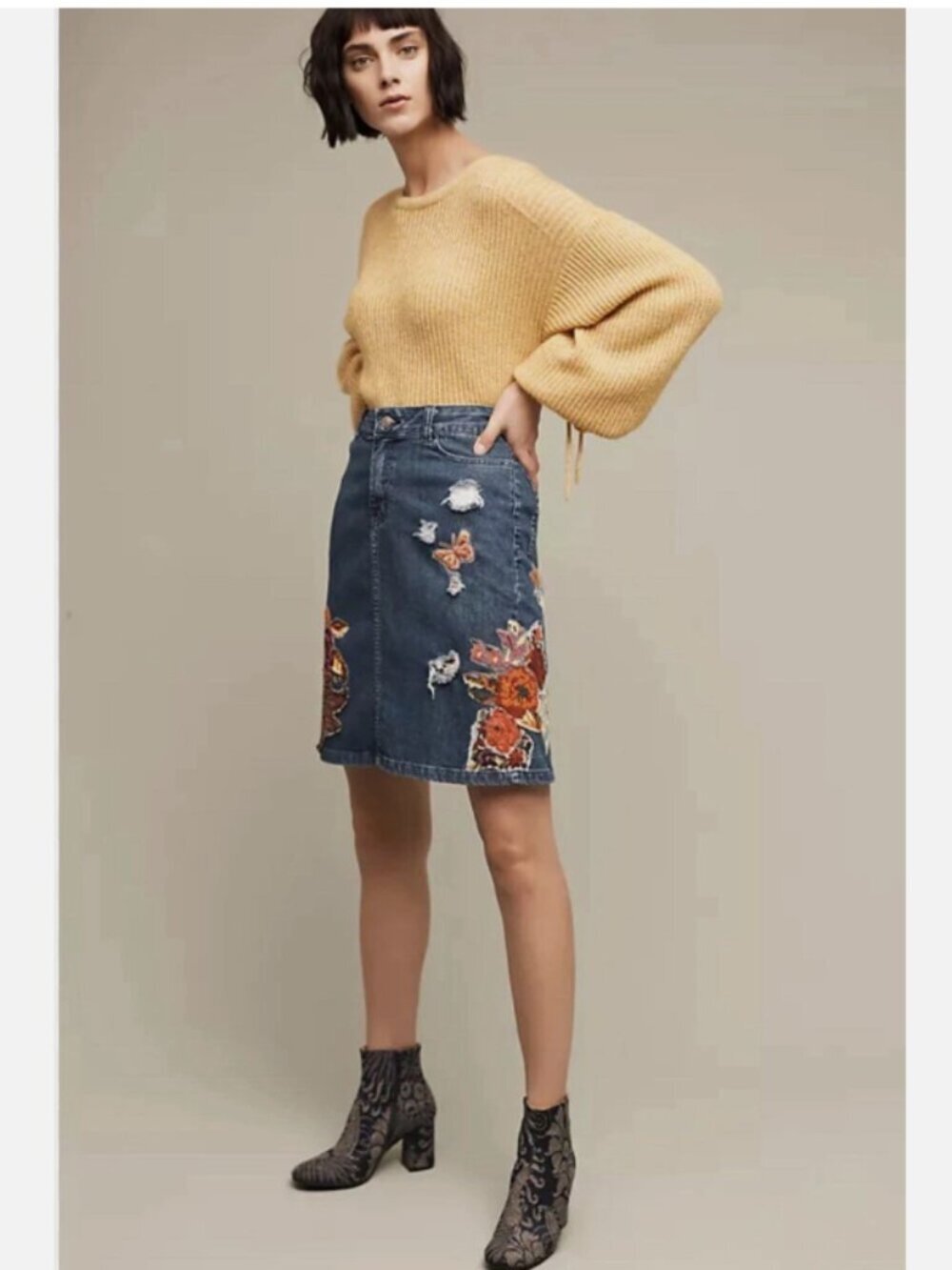 CECILIA PRADO Anthro Denim A-Line Skirt with Colorful Floral Embroidery (Small)